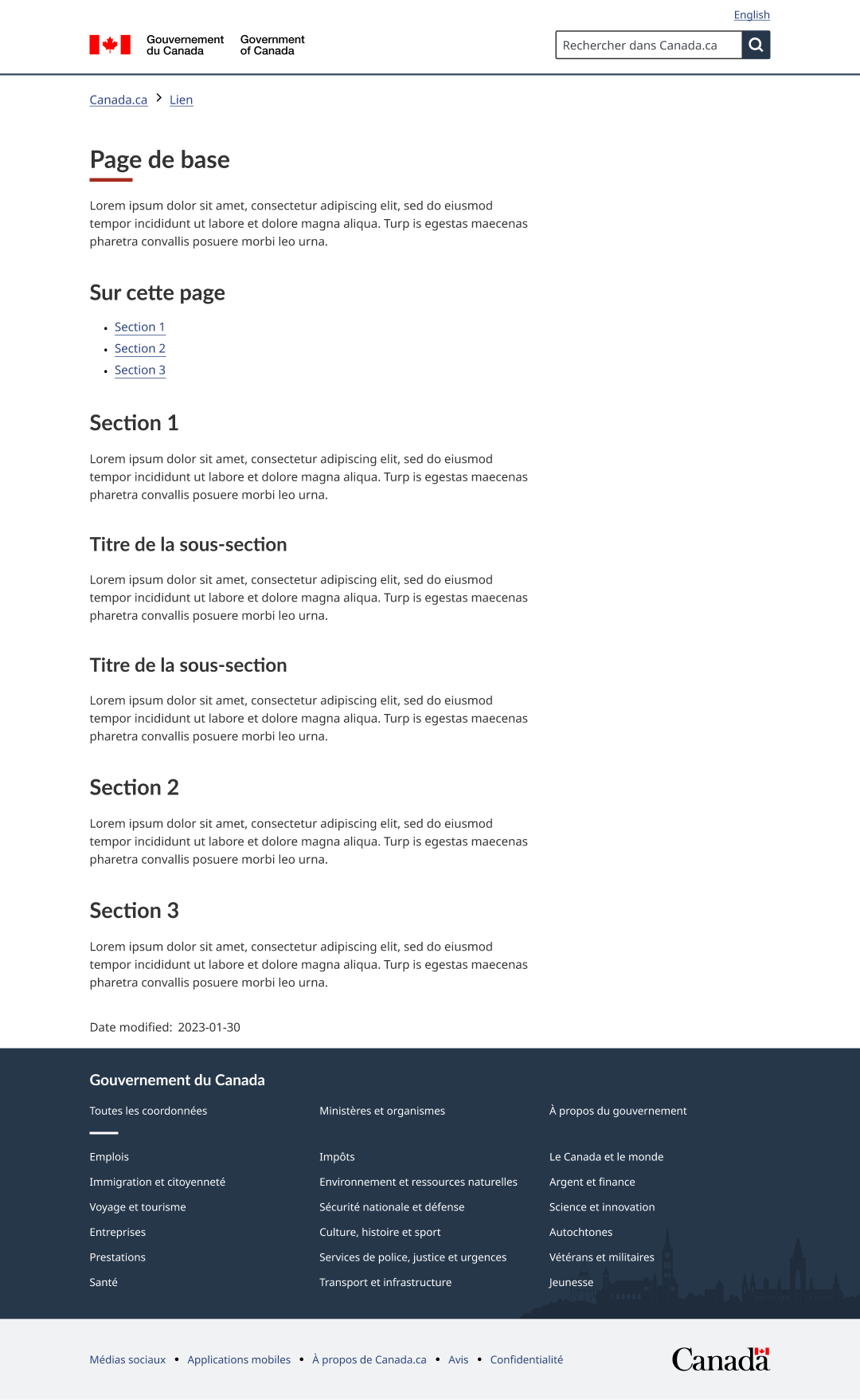 Un modèle de page de base avec une section 'Sur cette page' inclut l'en-tête et le pied de page du gouvernement du Canada, une section 'Sur cette page' et trois sections listées en-dessous.