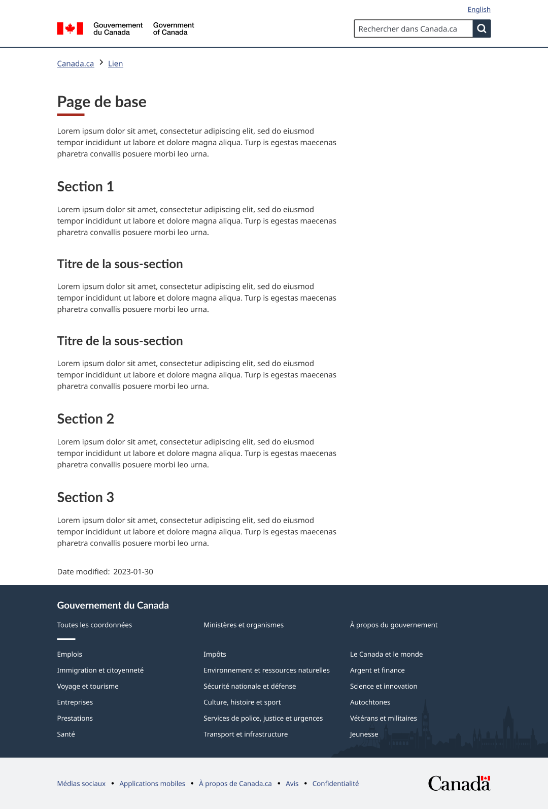 Le modèle de page de base comprend l'en-tête et le pied de page du Gouvernement du Canada, ainsi que les sections titre H1, H2 et H3 accompagnées de texte sous chacune des sections.